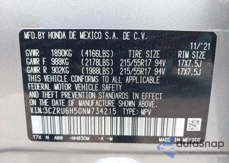 2022 Honda Hr-V Awd Ex from USA, damaged, VIN 3CZRU6H50NM734215